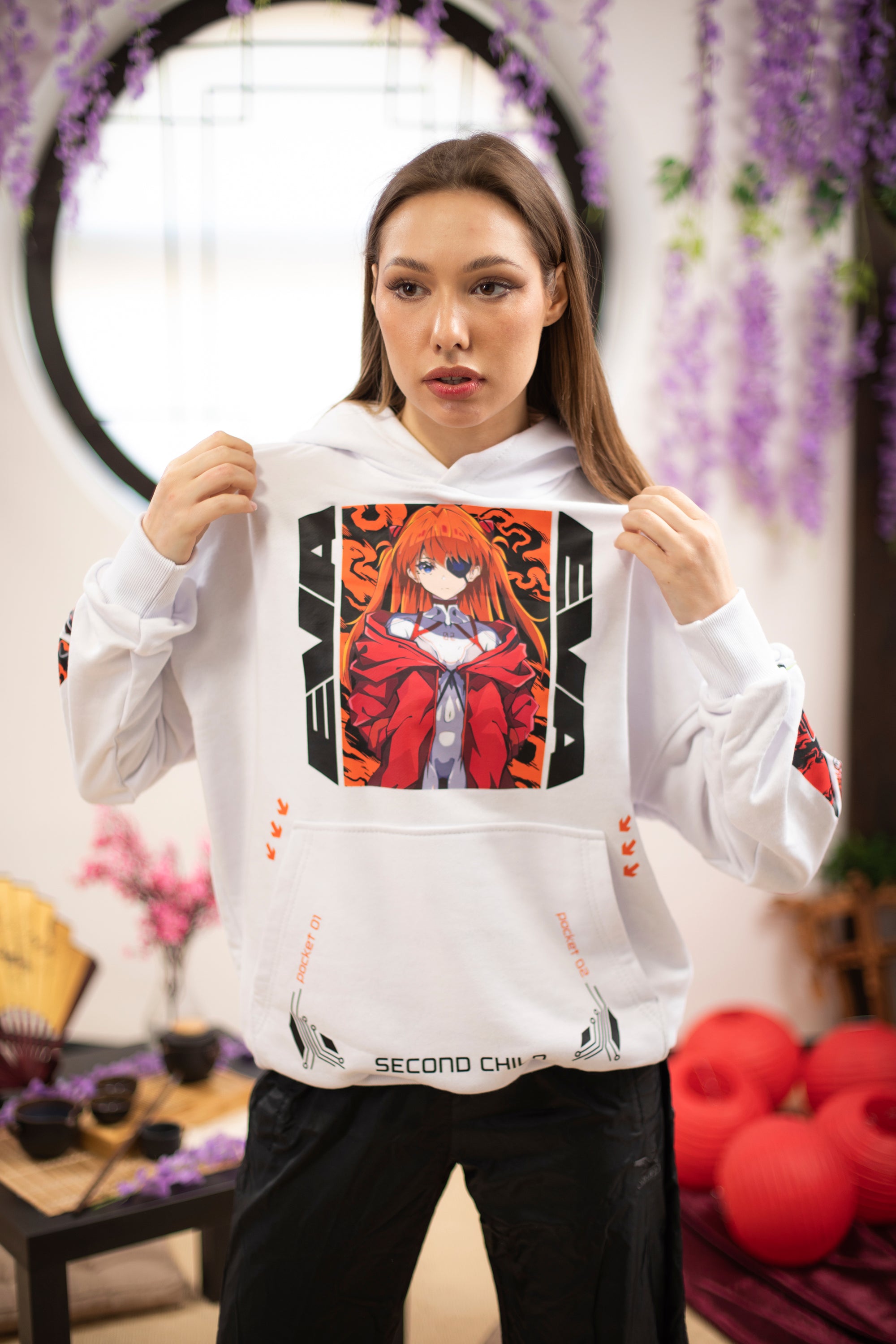 Hoodie Eva-02, Asuka Langley - Evangelion anime, unisex, white