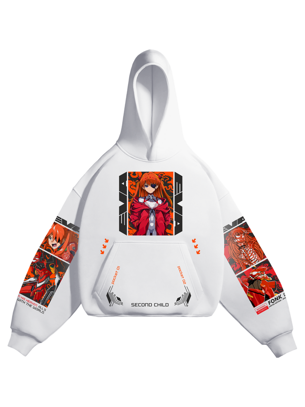 Hoodie Eva-02, Asuka Langley - Evangelion anime, unisex, white