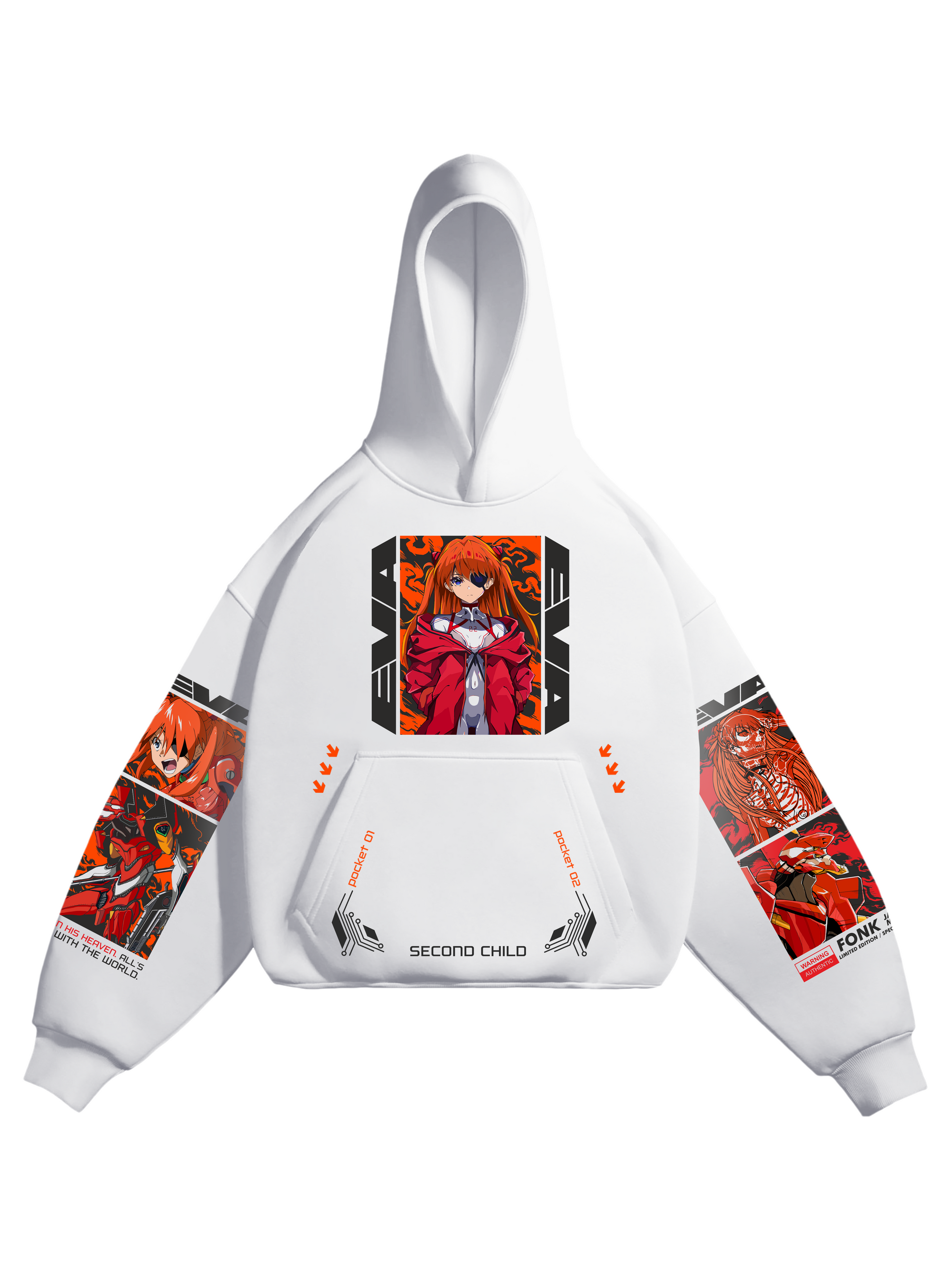 Hoodie Eva-02, Asuka Langley - Evangelion anime, unisex, white