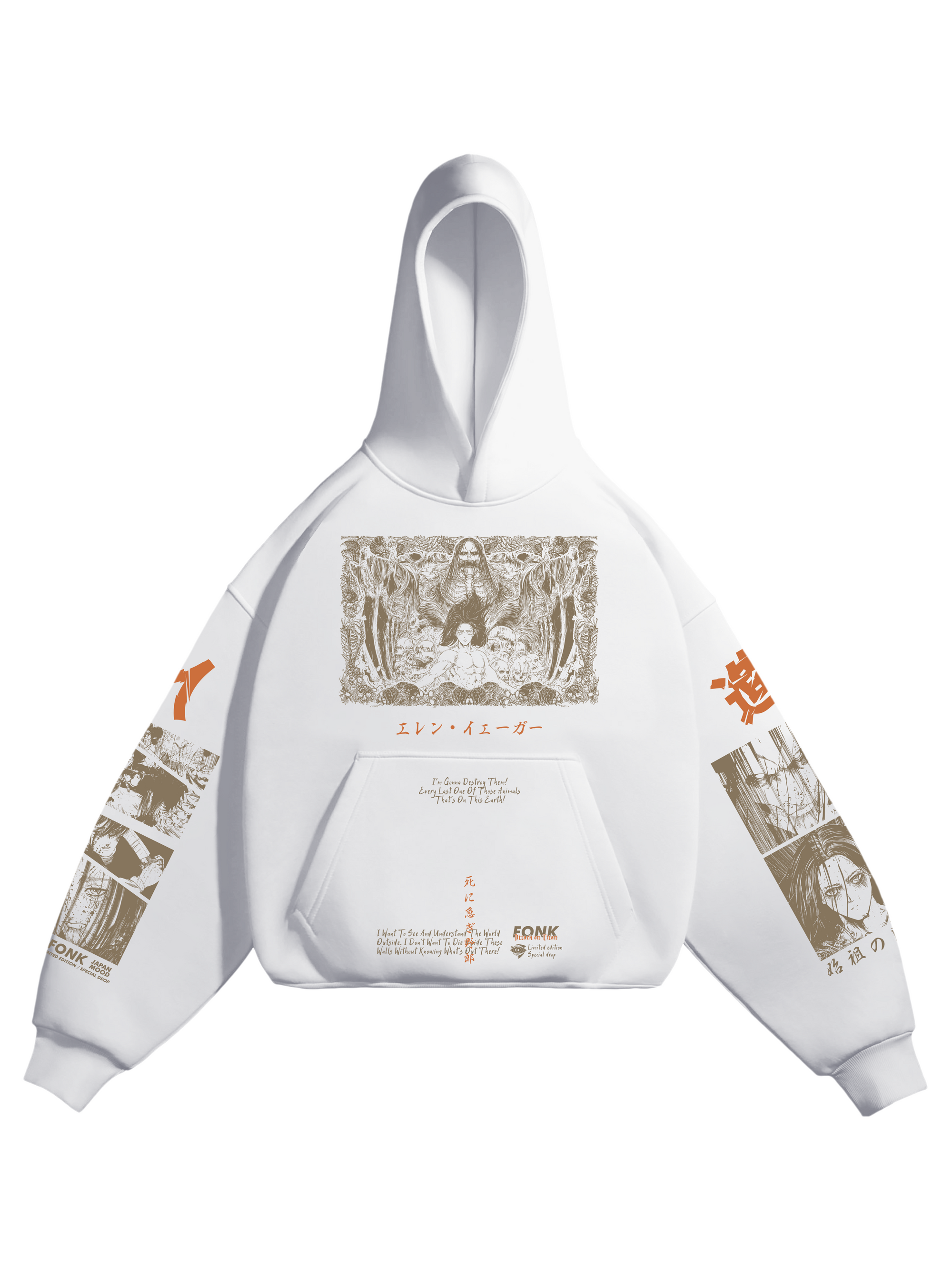 Hoodie Eren Yeager - AOT anime, unisex, white